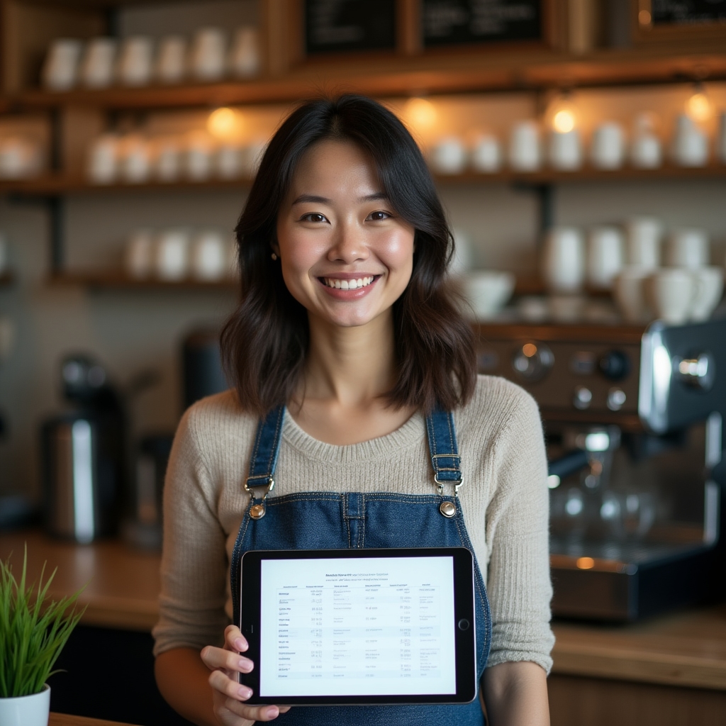 Café-Inhaberin schaut sich am Tablet die wöchentliche Auswertung ihrer Zahlen an
