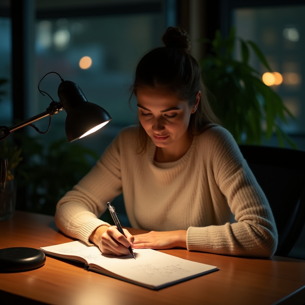 Inhaberin eines kleinen Dienstleistungsunternehmens macht sich abends Notizen zu ihren Geschäftszahlen
