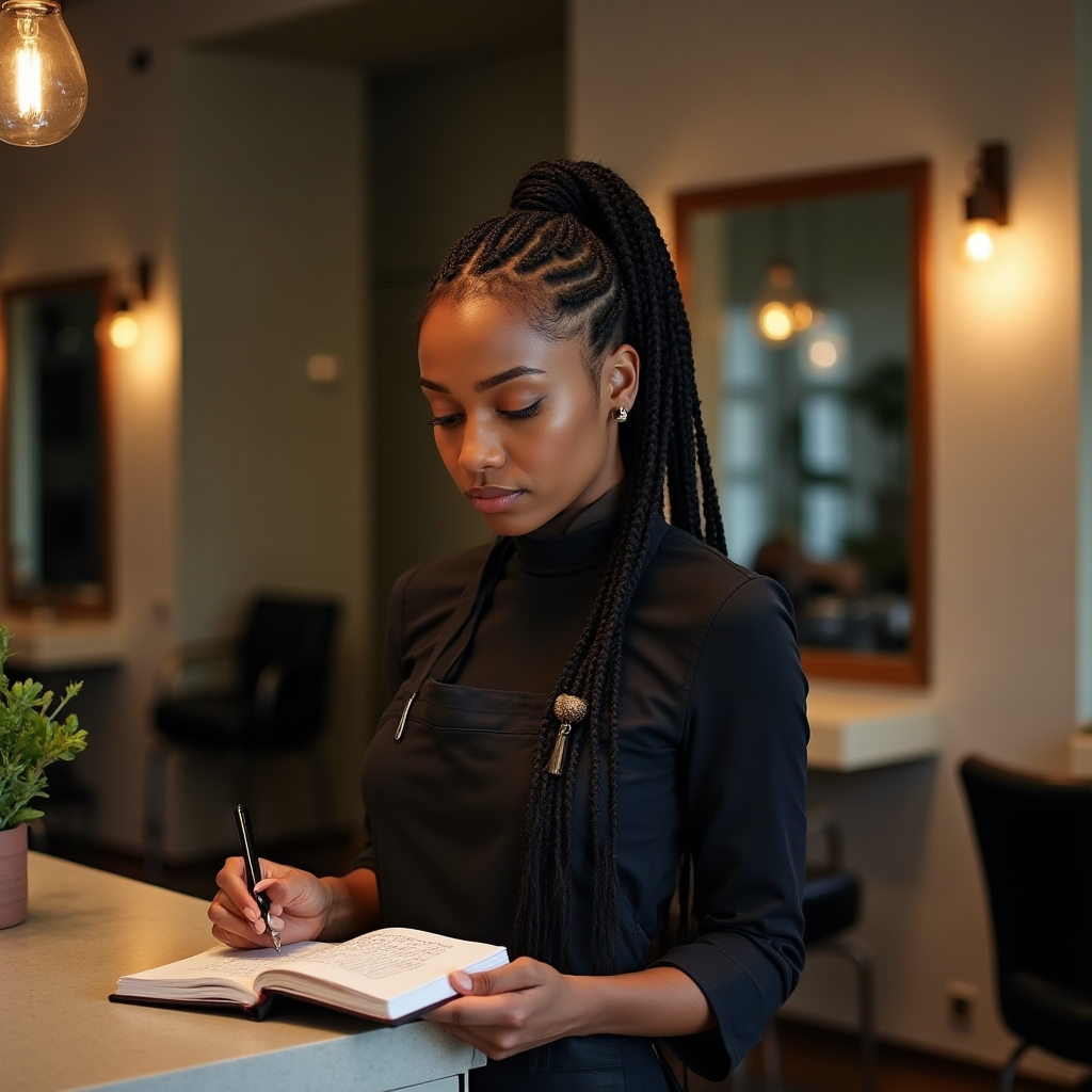 Inhaberin eines Friseursalons an der Kasse zwischen zwei Terminen