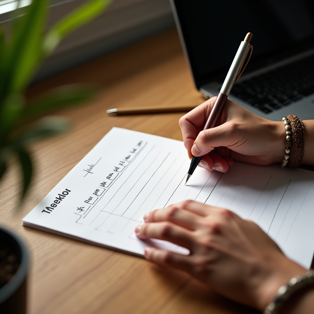 Hände füllen eine wöchentliche Kennzahlentabelle mit Stift aus